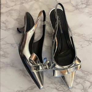 BCBGeneration Metallic Silver Pointed Slingback Kasti Kitten Heel  with Bow